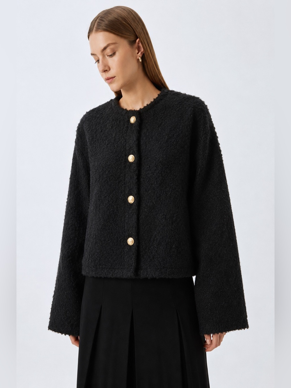 H&M Divided Black Bouclé Button-Up Cropped Cardigan Jacket Collarless X-Large